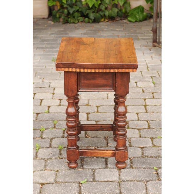 Italian 1870s Walnut Side Table with Dentil Molding, Drawer and Turned Base For Sale - Image 10 of 11