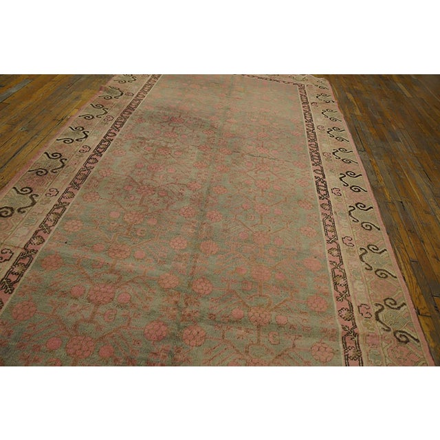 1930s Turquiose Rose Geometric Antique Chinese Khotan Rug 6' 2" X 12' 2" Handknotted Wool Carpet For Sale - Image 4 of 5