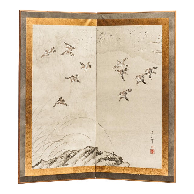 Sung Tze-Chin Chinese "Magpies in Flight" Two-Panel Screen Silk Hanging Screen For Sale