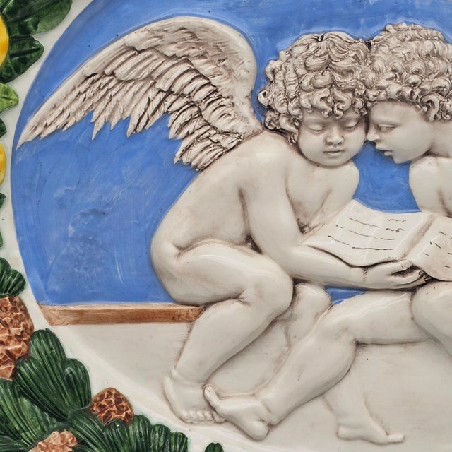 Italian Della Robbia Style Angels Oval Wall Platter 19.5" Glazed Relief Fruit For Sale In San Francisco - Image 6 of 14