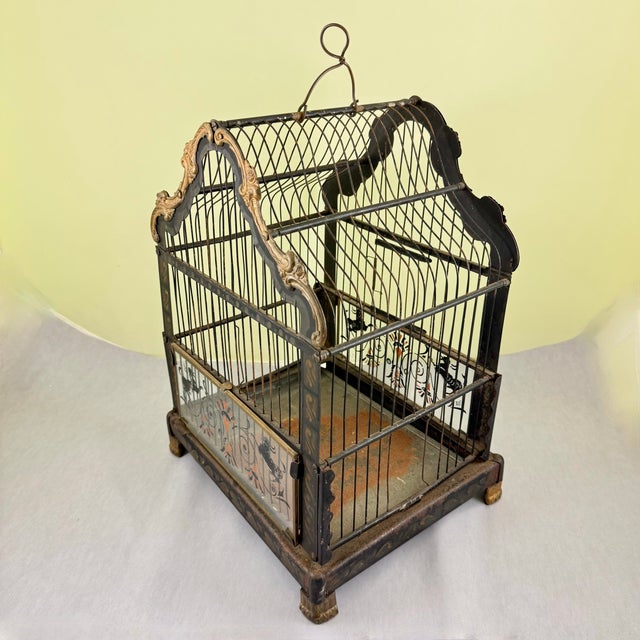 Art Nouveau Black Japanned Metal Bird Cage, Hand-Painted, Circa 1900-1920 For Sale - Image 4 of 16