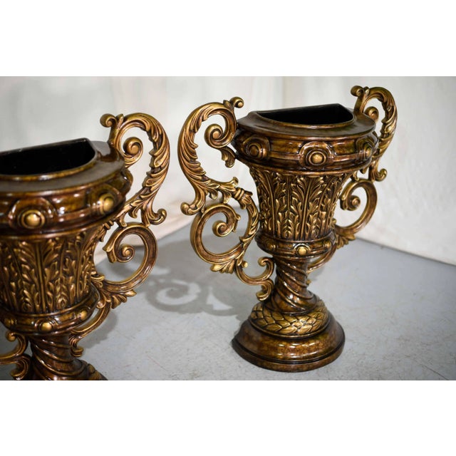 Vintage Contemporary Classical Urn Amphora Decorative Bronze Effect Planters - a Pair For Sale - Image 4 of 13