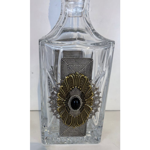 Unique Gothic Revival Inspired Crystal decanter, black, brass, and pewter Jewel detail showroom floor sample