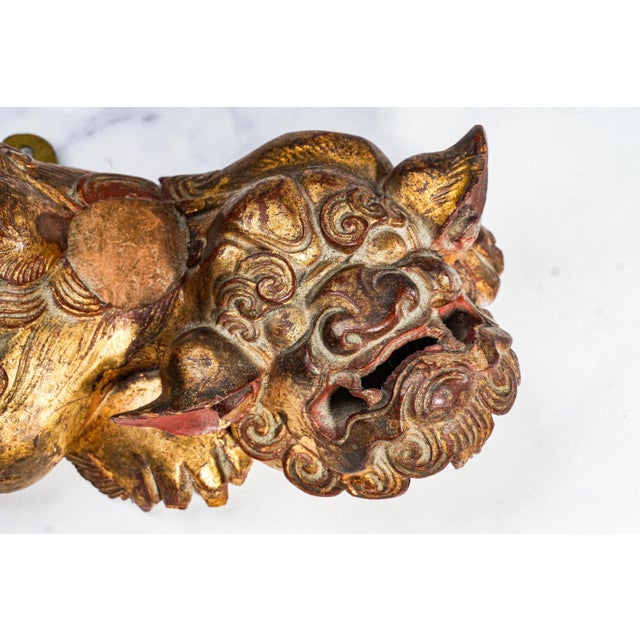 Brown Hand Carved Antique Chinese Guardian Lion Wall Plaque Gilt Foo Dog Sculpture Asian Home Decor For Sale - Image 8 of 17