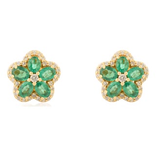 14k Yellow Gold Modern Floral Emerald Stud Earrings- A Pair For Sale
