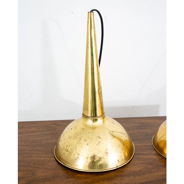 Mid 20th Century Danish Modern Gold Brass Pendant Lights - a Pair Rewired For Sale In Sacramento - Image 6 of 12