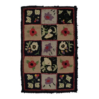 Antique Hooked Rug With Floral Panels in Checkered Grid - Rug & Kilim For Sale