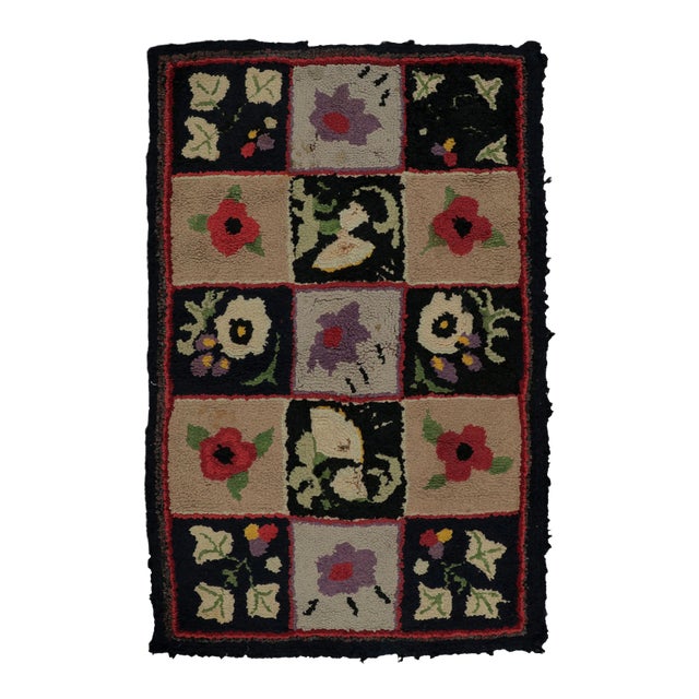 Antique Hooked Rug With Floral Panels in Checkered Grid - Rug & Kilim For Sale