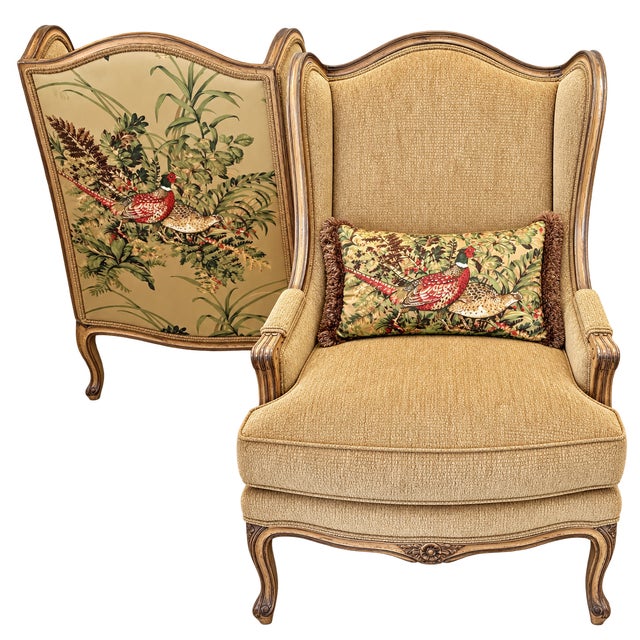 Pair of Custom Pictorial Pheasant and Botanical Print Wingback Chairs This duo has the increasingly rare ability to be...