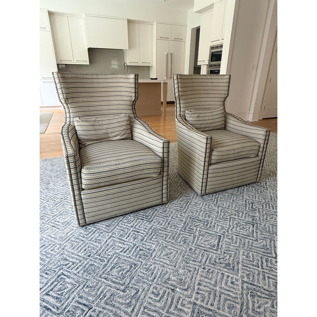 Pair Duralee Swivel Chairs There are great quality, great fun and in great condition. 29” x 29” x 41” Seat 20” h Arm 22.75