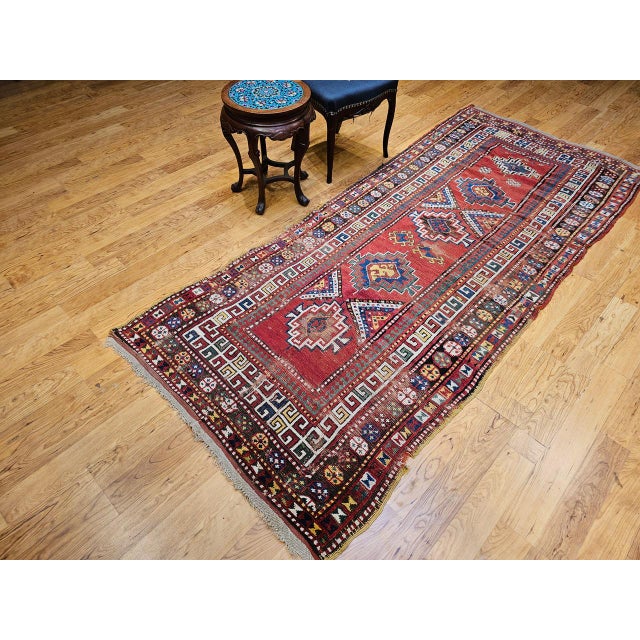 19th Century Caucasian Kazak Rug, Hand-Knotted Wool, Geometric Medallions, 4' x 9' For Sale In Chicago - Image 6 of 17