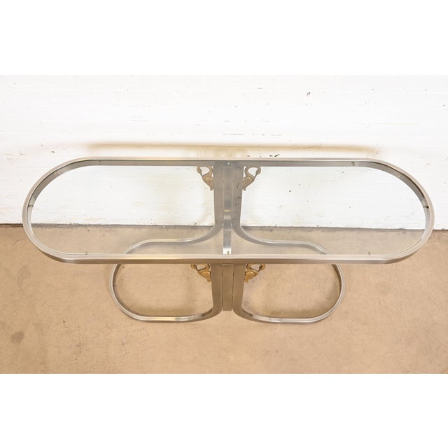 Design Institute America Modern Brushed Steel and Brass Glass Top Swan Console Table For Sale In South Bend - Image 6 of 12