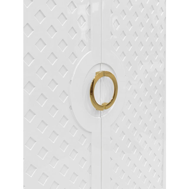 Worlds Away Matthew Izzo Home White Lacquer Two Door Cabinet With Lattice Design and Brass Door Pulls For Sale - Image 4 of 5