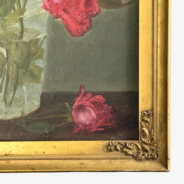 1900 - 1909 Antique Still Life With Roses in Gilt Embellished Frame, Signed (Oil on Canvas) For Sale - Image 5 of 7