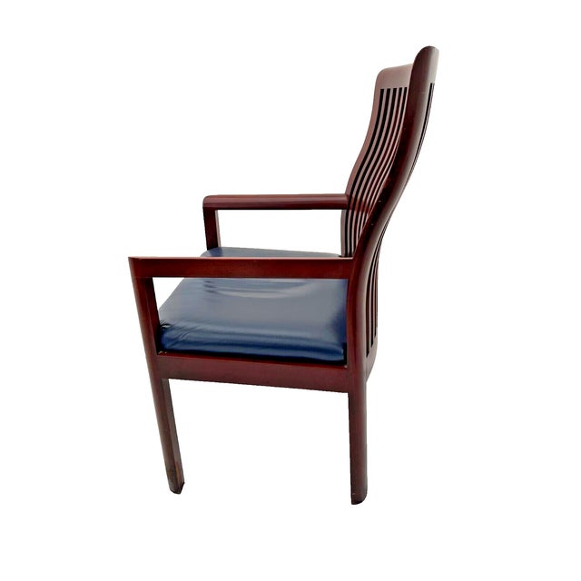 1990s 1990s Vintage Curved Spindle Back Mahogany Arm Chair with Blue Leather Seat For Sale - Image 5 of 10