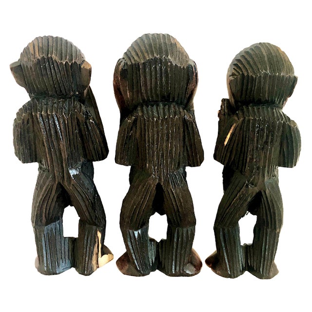 Asian Asian "Three Wise Monkeys" in Carved Wood For Sale - Image 3 of 15