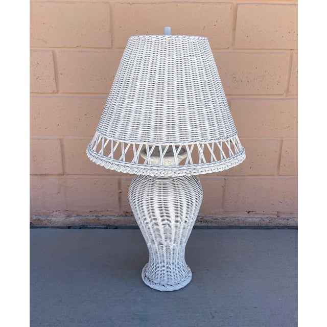 Shabby Chic Vintage Boho Shabby Chic White Wicker Table Lamp With Shade For Sale - Image 3 of 8
