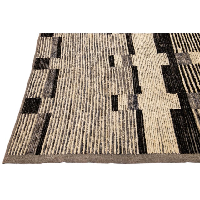 Modern Beige Moroccan Style Handmade Brown Geometric Pattern Wool Rug For Sale - Image 4 of 10