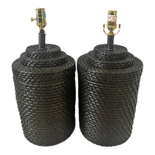 Ethan Allen Espresso Woven Rattan Table Lamps-a Pair For Sale