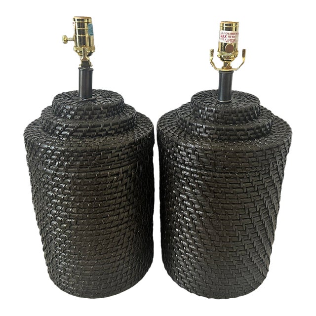 Ethan Allen Espresso Woven Rattan Table Lamps-a Pair For Sale