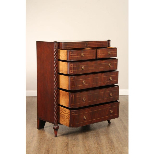 Hepplewhite Edwardian Style Custom Mahogany Inlaid High Chest Of Drawers For Sale - Image 3 of 18
