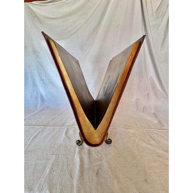 Metal Mid 20th Century Leather and Cast Iron Magazine Rack For Sale - Image 7 of 13
