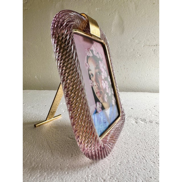 Murano Mid-Century Modern Style Ametista “Torchon” Murano Glass Picture Frame and Unaquered Brass For Sale - Image 4 of 5