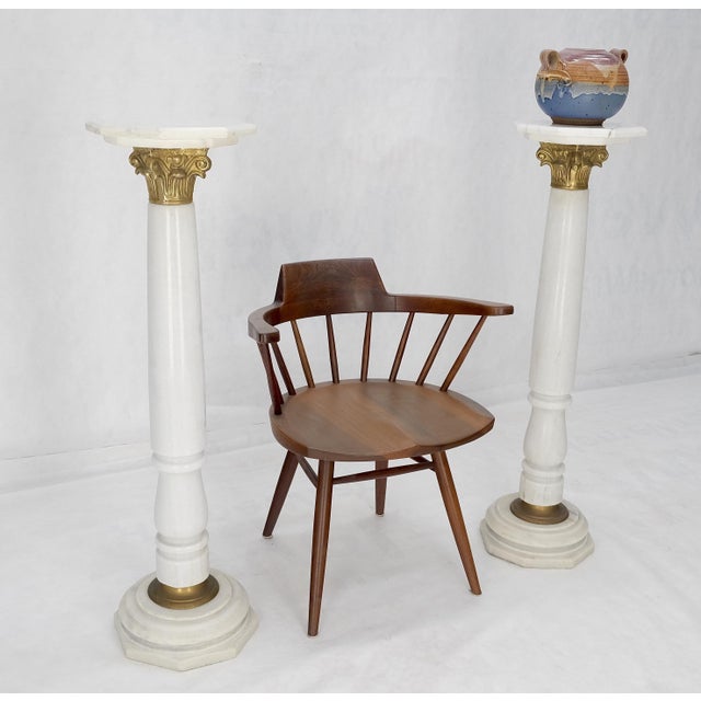 Brass & Turned White Marble Bases Octagonal Tops Columns Pedestals - A Pair For Sale - Image 9 of 11