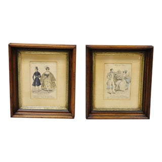 French 1830s Victorian Lithograph Print Couple Fashion Gown in Frames - a Pair For Sale