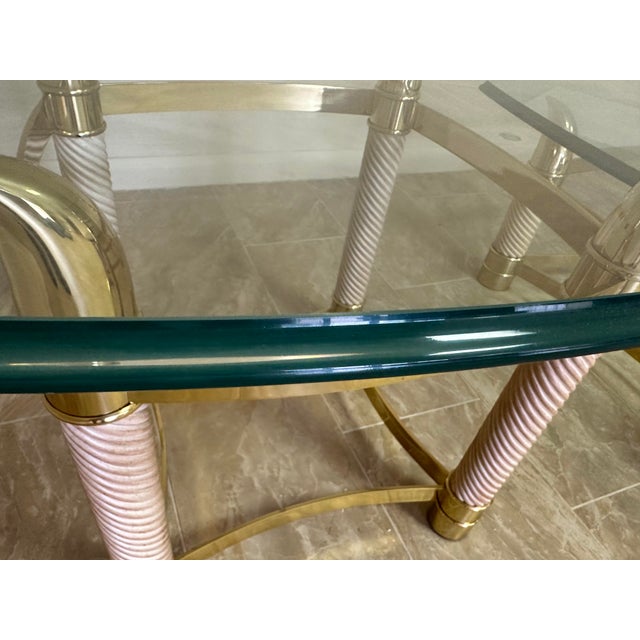 1980s Vintage Italian Brass Horn 1 Coffee and 2 End Tables Thick Glass - Set of 3 For Sale - Image 9 of 12