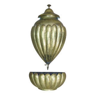 Antique Italian Hammered Ribbed Brass Lavabo Water Fountain Cistern & Basin For Sale