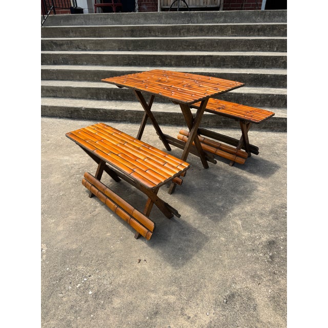 Fantastic set! Form and function. Solid and heavy bamboo table and matching benches. Comfortably seats 4. Sturdy. Each...