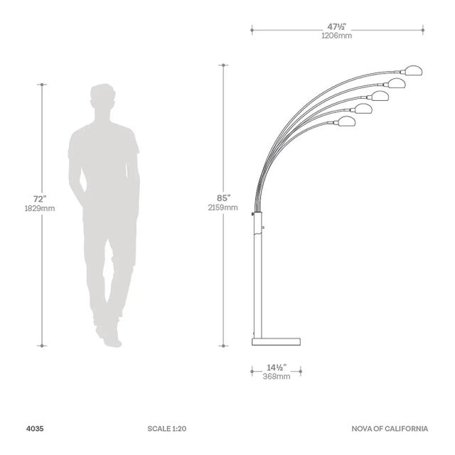 Nova of California Mushroom 5 Light Arc Floor Lamp - Black Nickel, Dimmer Switch, Marble Base For Sale - Image 10 of 12