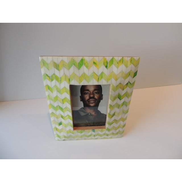 Green and Natural Herringbone Pattern Faux Camel Bone Decorative Picture Frame For Sale - Image 4 of 5