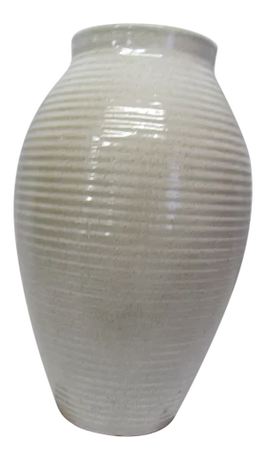 16" Tall Zanesville Tall Ribbed Ovoid Vase 1940s Variegated Cream Color "Homespun" "Stoneage"