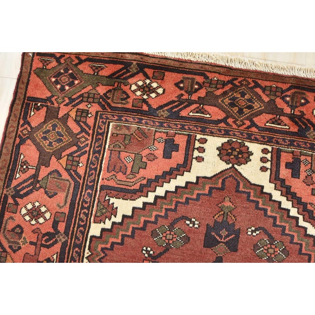 Hamedan Rug 4'4'' X 6'7'' Red Wool Vintage Tribal Hand-Knotted Oriental Carpet For Sale In Philadelphia - Image 6 of 12