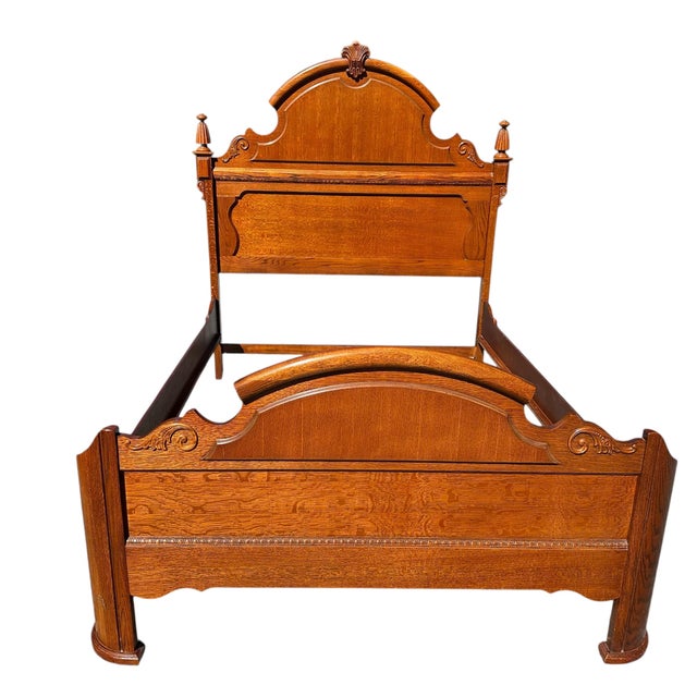 Victorian 1990s Lexington Carved Victorian Mansion Oak Bed - Queen Size For Sale - Image 3 of 16