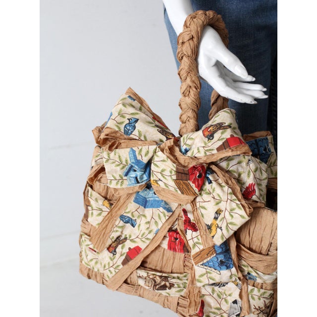 Brown Vintage Woven Paper Basket With Bird Print Fabric For Sale - Image 8 of 11