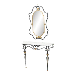 Wrought Iron Figural Marble Top Console Wall Gold Decorated Mirror Set - a Pair