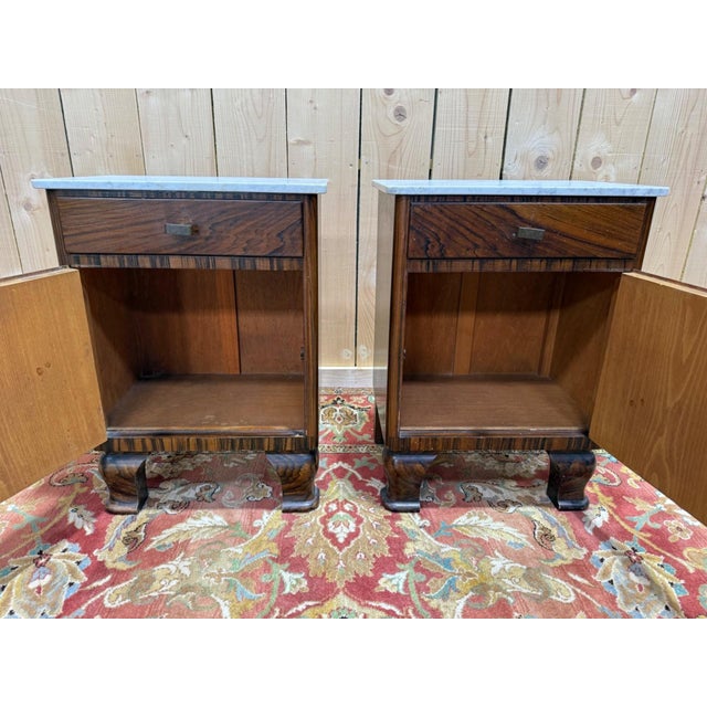 Art Deco Nightstands in Exotic Wood Veneer with Marble Tops, Set of 2 For Sale - Image 3 of 9