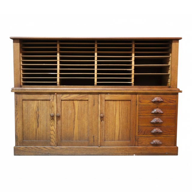 Brown Antique Oversized 2 Piece Oak Country Store Cabinet With Carved Pulls 20thC For Sale - Image 8 of 9