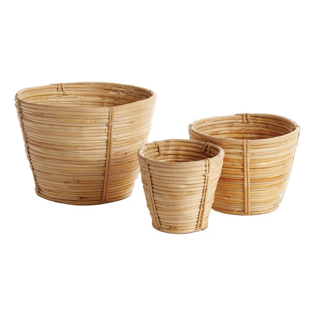 Cane Rattan Mini Round Tapered Baskets, Set Of 3 For Sale