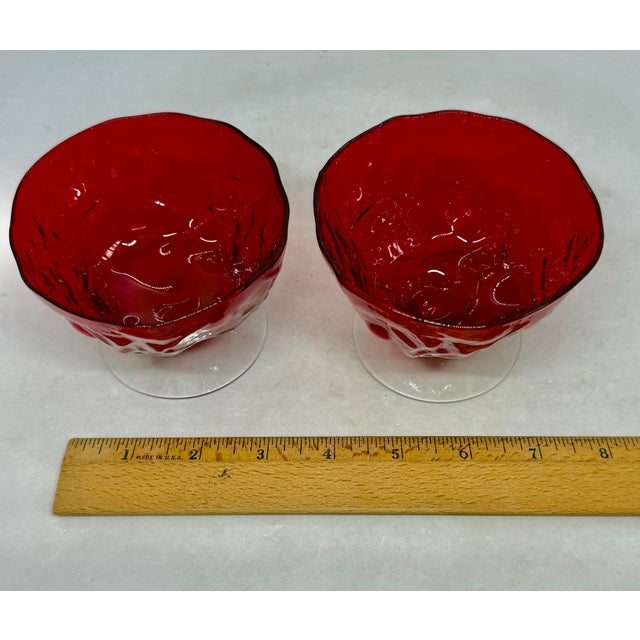 Vintage Seneca Glass Driftwood Casual Pattern 3” Ruby Red Champagne Coupes Tall Footed Sherbets - A Pair For Sale - Image 10 of 12