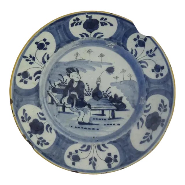 18th Century Delft Blue & White Faience Pottery Plate Chinoiserie Motif For Sale