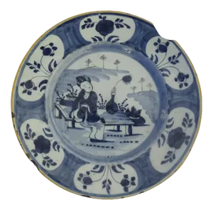18th Century Delft Blue & White Faience Pottery Plate Chinoiserie Motif