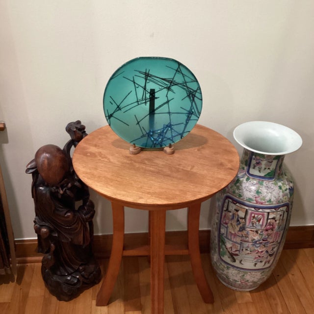 Vintage Art Glass Bowl Iridescent Stringer Series in Aquamarine Created by Gregg Mesmer and Diane Bonciolini For Sale - Image 11 of 12