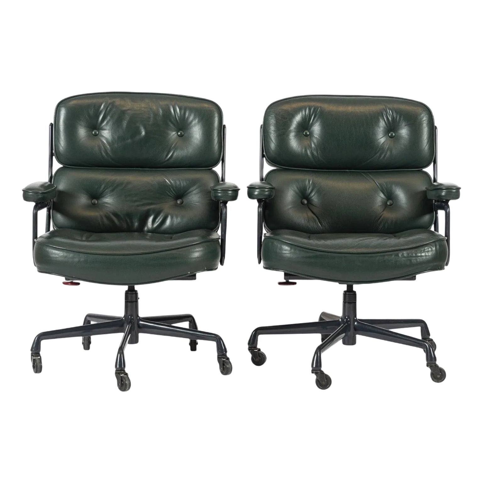 Pair Green Leather Time Life Office Chairs by Eames for