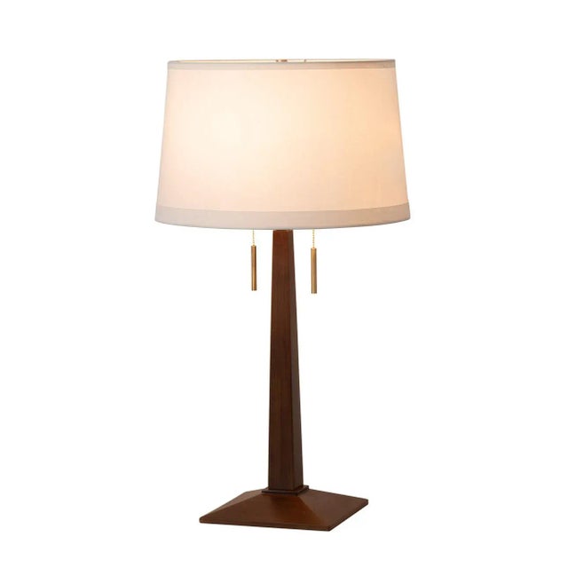 Taper Table Lamp - Dark Walnut Wood Finish, White Linen Shade For Sale - Image 4 of 10