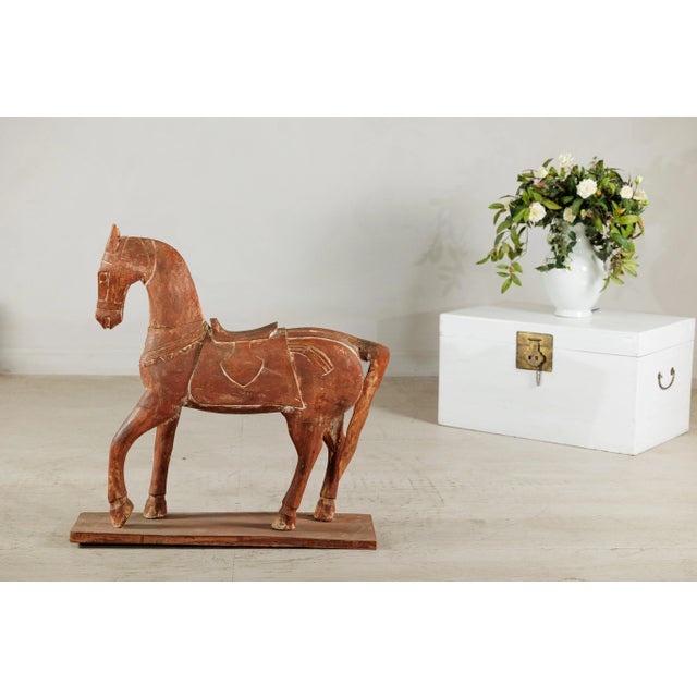 Circa 1950 Rustic Vintage Carved Wood Horse with Saddle on Stand For Sale In New York - Image 6 of 12