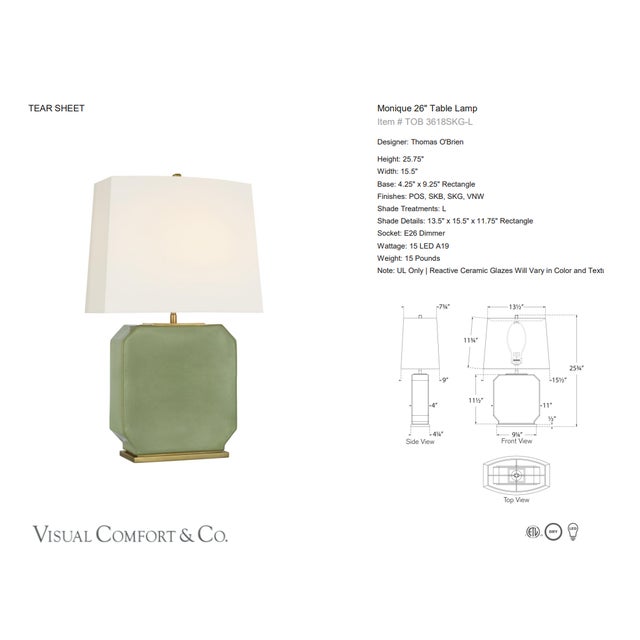 Thomas O'Brien by Visual Comfort Signature Monique 26" Table Lamp in Silk Green with Linen Shade Designer: Thomas O'Brien...